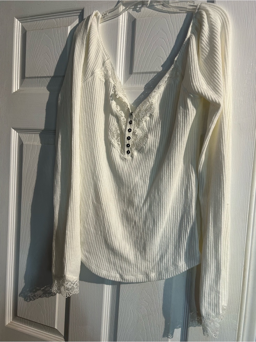 Free People Ivory Ribbed Lace-Trim Henley Long Sleeve Top
